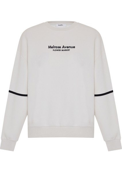 Ekru Bisiklet Yaka Baskılı Oversize Sweatshirt