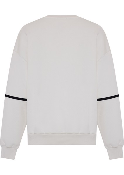 Ekru Bisiklet Yaka Baskılı Oversize Sweatshirt
