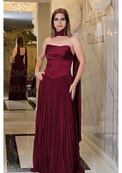 Bordo Pliseli Şallı Abiye 9003 fiyatları