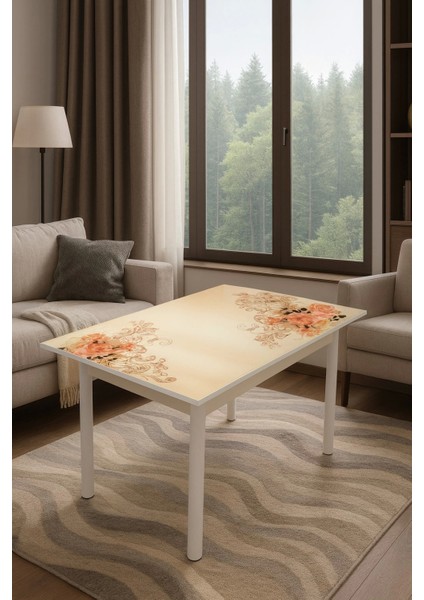 Yandan Açılır Büyüyen Cam Mutfak Masası 70X110 Gülpembe Beyaz Ayaklı