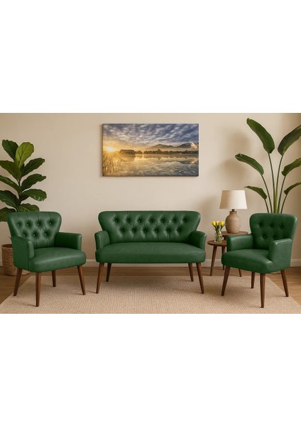 - Roma Çay Seti Koltuk Takımı - Deri Kumaş - Ahşap Ayak - Ofis Koltuk Takımı - Yeşil