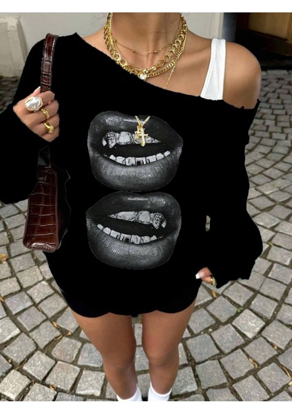 Kadın Siyah Oversize Sweatshirt – Baskılı Dudak Desenli, Sokak Stili, Rahat Kesim