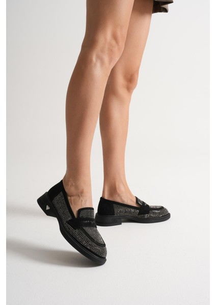 Liora Kadın Siyah Süet Taş Detaylı Günlük Ayakkabı