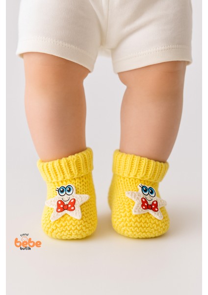 Yıldız Desenli Bebek Patik 1 Yaş %100 Triko Örgü Patik – Kız ve Erkek Bebek Için Örgü Pamuklu Patik