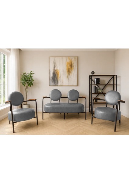 - Venüs Çay Seti Koltuk Takımı - Deri Kumaş - Ahşap Ayak - Ofis Koltuk Takımı - Gri