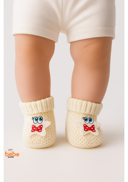 Yıldız Desenli Bebek Patik 1 Yaş %100 Triko Örgü Patik – Kız ve Erkek Bebek Için Örgü Pamuklu Patik