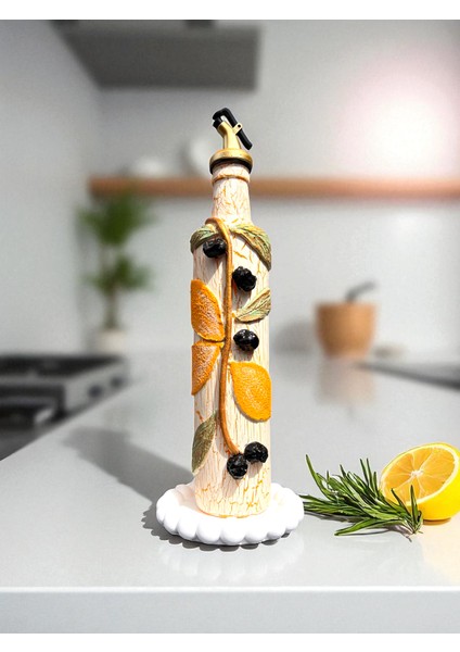 500 ml Kil Kabartma Uygulama Limon Desenli El Yapımı Zeytinyağı & Üzüm Sirke Şişeleri