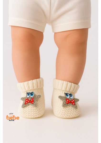 Yıldız Desenli Bebek Patik 1 Yaş %100 Triko Örgü Patik – Kız ve Erkek Bebek Için Örgü Pamuklu Patik