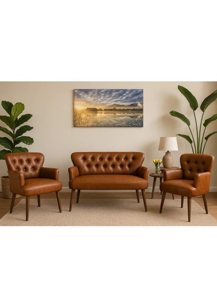 - Roma Çay Seti Koltuk Takımı - Deri Kumaş - Ahşap Ayak - Ofis Koltuk Takımı - Taba