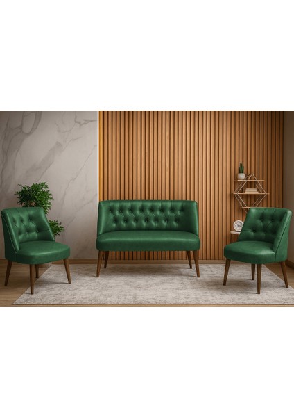 - Milano Çay Seti Koltuk Takımı - Deri Kumaş - Ahşap Ayak - Ofis Koltuk Takımı - Yeşil