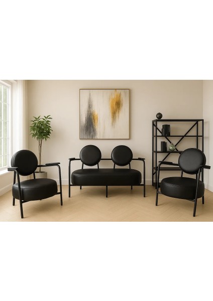 - Venüs Çay Seti Koltuk Takımı - Deri Kumaş - Ahşap Ayak - Ofis Koltuk Takımı - Siyah