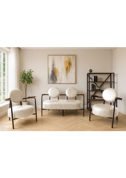 - Venüs Çay Seti Koltuk Takımı - Deri Kumaş - Ahşap Ayak - Ofis Koltuk Takımı - Krem