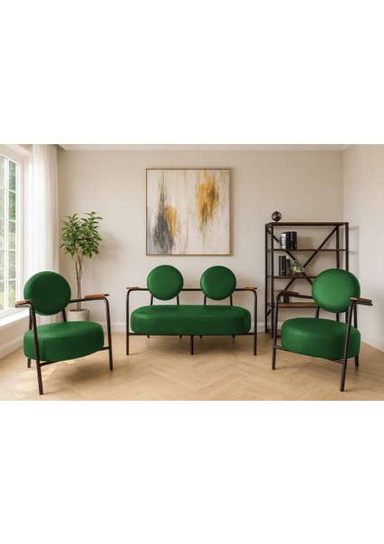 - Venüs Çay Seti Koltuk Takımı - Deri Kumaş - Ahşap Ayak - Ofis Koltuk Takımı - Yeşil