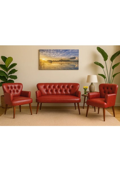 - Roma Çay Seti Koltuk Takımı - Deri Kumaş - Ahşap Ayak - Ofis Koltuk Takımı - Kırmızı