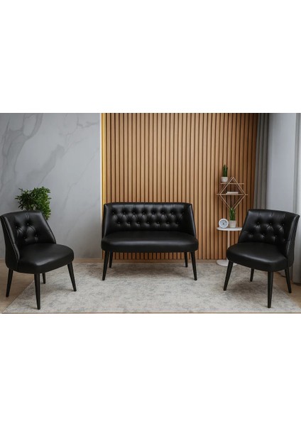 - Milano Çay Seti Koltuk Takımı - Deri Kumaş - Ahşap Ayak - Ofis Koltuk Takımı - Siyah