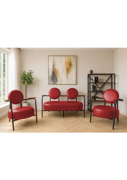 - Venüs Çay Seti Koltuk Takımı - Deri Kumaş - Ahşap Ayak - Ofis Koltuk Takımı - Kırmızı