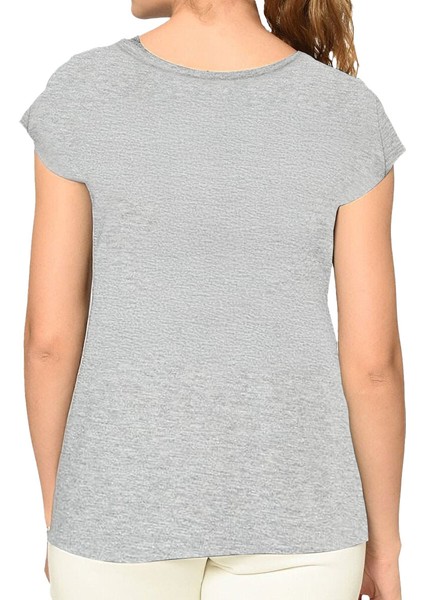 Catty Kadın Gri Baskılı Bisiklet Yaka Tişört