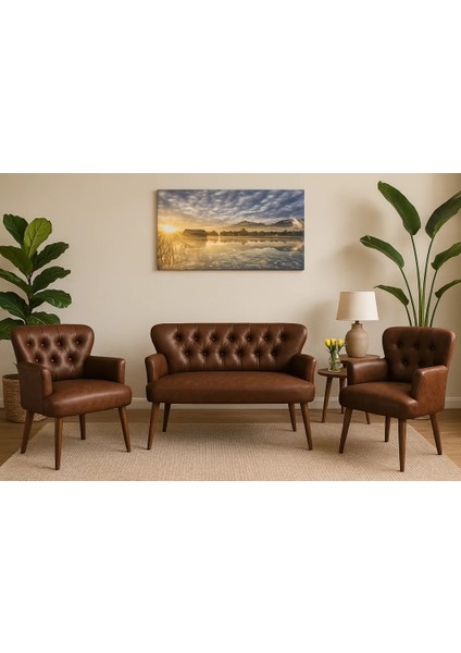 - Roma Çay Seti Koltuk Takımı - Deri Kumaş - Ahşap Ayak - Ofis Koltuk Takımı - Acı Kahve