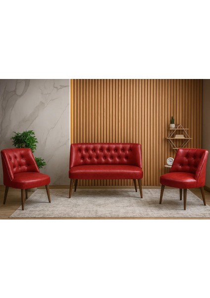 - Milano Çay Seti Koltuk Takımı - Deri Kumaş - Ahşap Ayak - Ofis Koltuk Takımı - Kırmızı