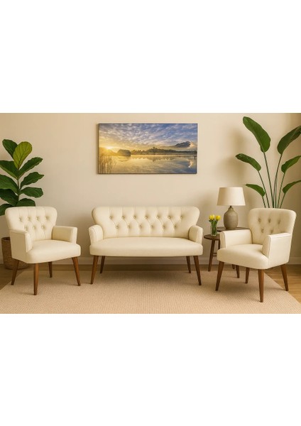 - Roma Çay Seti Koltuk Takımı - Deri Kumaş - Ahşap Ayak - Ofis Koltuk Takımı - Krem