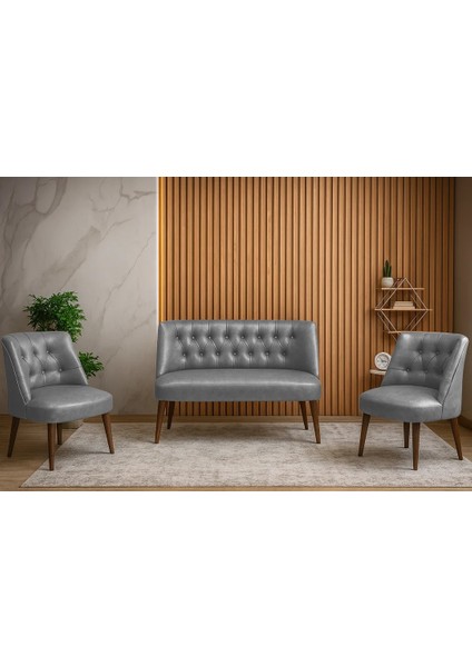 - Milano Çay Seti Koltuk Takımı - Deri Kumaş - Ahşap Ayak - Ofis Koltuk Takımı - Gri