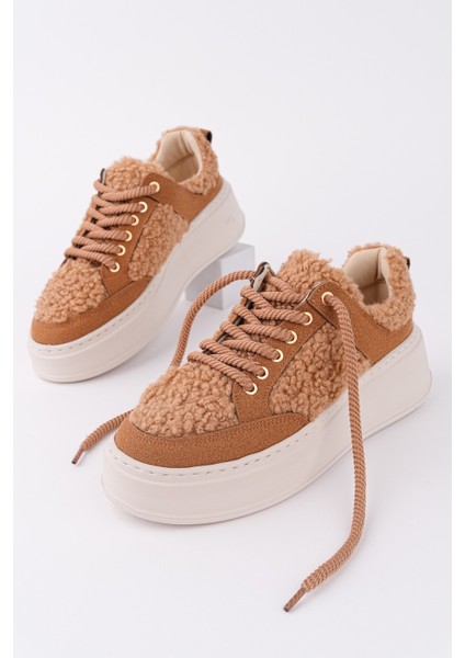 Fleecy Kalın Taban Bağcıklı Peluş Detaylı Kadın Kışlık Sneaker Spor Ayakkabı
