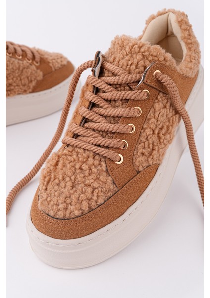 Fleecy Kalın Taban Bağcıklı Peluş Detaylı Kadın Kışlık Sneaker Spor Ayakkabı fiyatları