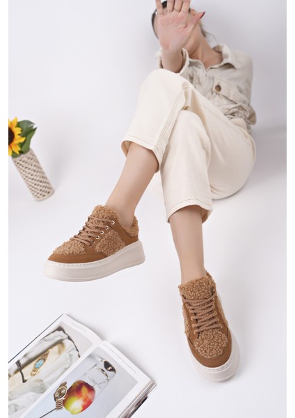 Fleecy Kalın Taban Bağcıklı Peluş Detaylı Kadın Kışlık Sneaker Spor Ayakkabı