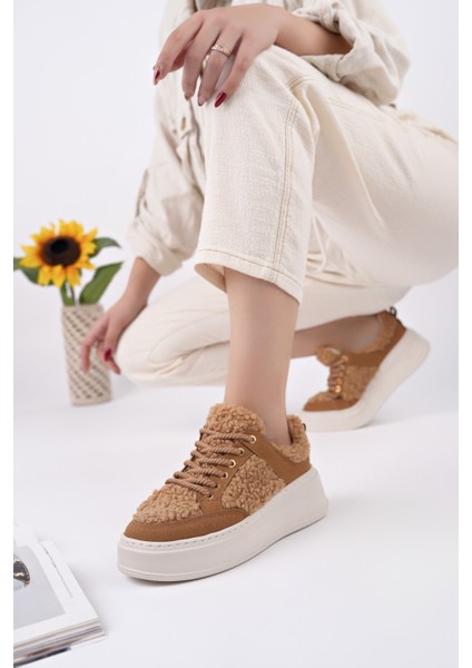 Fleecy Kalın Taban Bağcıklı Peluş Detaylı Kadın Kışlık Sneaker Spor Ayakkabı