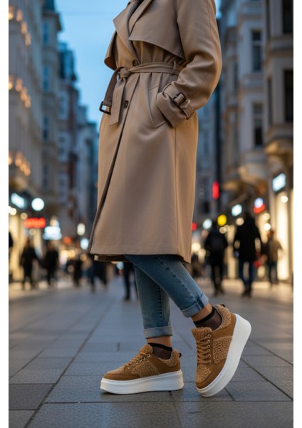 Fleecy Kalın Taban Bağcıklı Peluş Detaylı Kadın Kışlık Sneaker Spor Ayakkabı