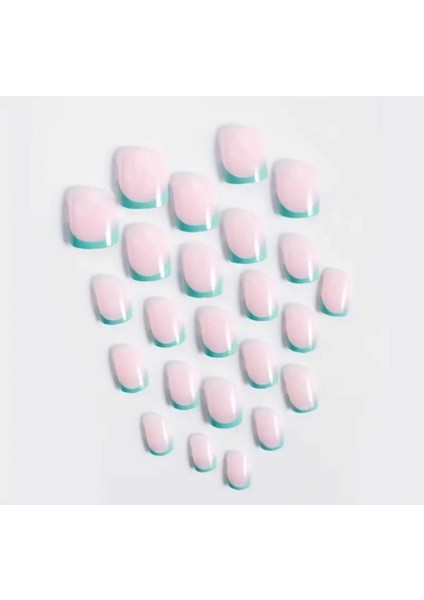 24 Adet Yeşil Renk Fransız Küt Uçlu Kare Şekil Takma Tırnak modelleri