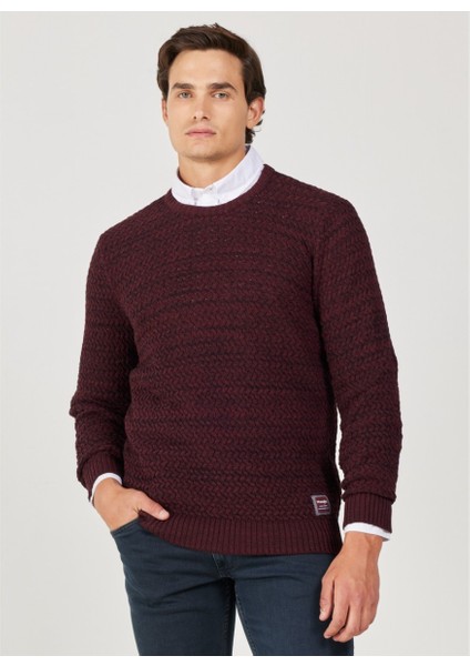 Regular Fit Normal Kesim Bisiklet Yaka Bordo Triko Kazak