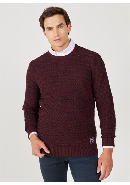 Regular Fit Normal Kesim Bisiklet Yaka Bordo Triko Kazak