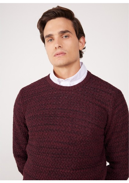 Regular Fit Normal Kesim Bisiklet Yaka Bordo Triko Kazak