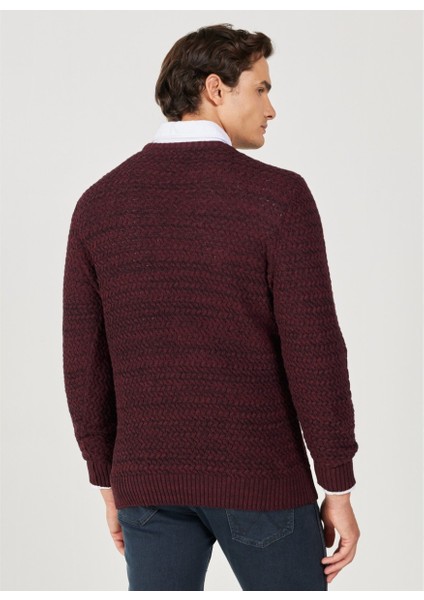 Regular Fit Normal Kesim Bisiklet Yaka Bordo Triko Kazak