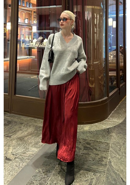 Gri V Yaka Oversize Kadın Triko Kazak MG2149 indirimleri