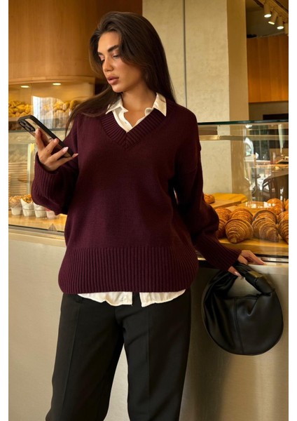 Mürdüm V Yaka Oversize Kadın Triko Kazak MG2149