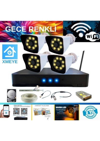 5 Mp Lens 2 Mp 1080P Gece Renkli 4 Kameralı Wıfı Özellikli Kamera Seti 1 Tb HDD - WF-10024W
