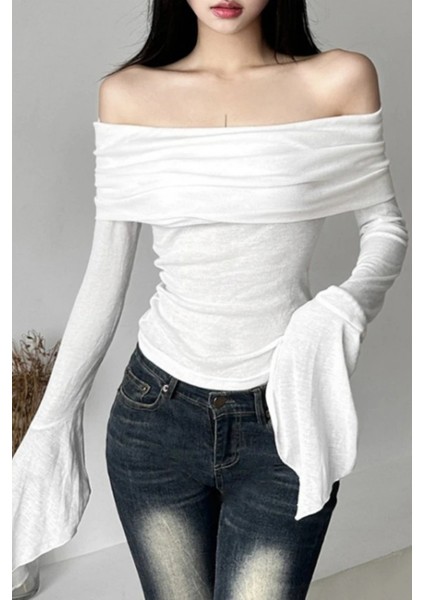 Beyaz Madonna Yaka Ispanyol Kol Y2K Uzun Kollu Crop