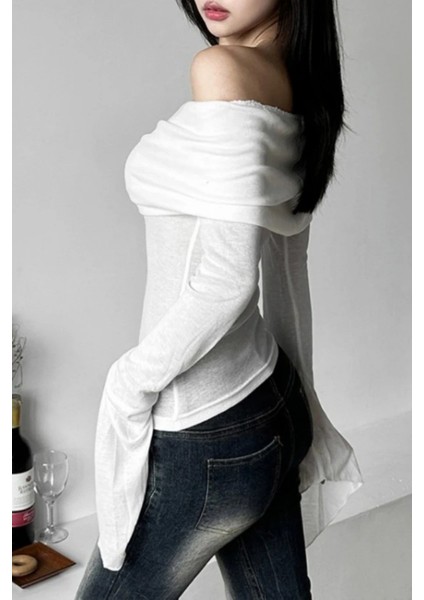 Beyaz Madonna Yaka Ispanyol Kol Y2K Uzun Kollu Crop fiyatları