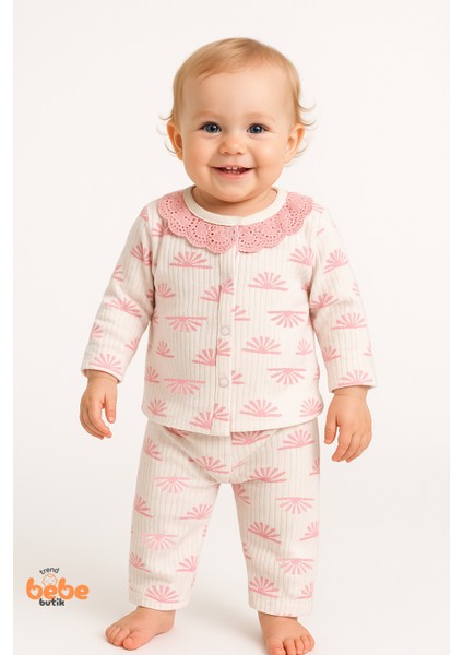Dantel Yaka Pembe Desenli %100 Pamuk Kız Bebek Pijama Takımı 9-12 Ay | Uzun Kollu Rahat Uyku Takımı
