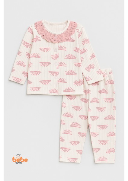 Dantel Yaka Pembe Desenli %100 Pamuk Kız Bebek Pijama Takımı 9-12 Ay | Uzun Kollu Rahat Uyku Takımı modelleri