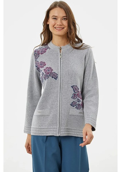 Fermuarlı Kalın Örgü Triko Ceket - Gri