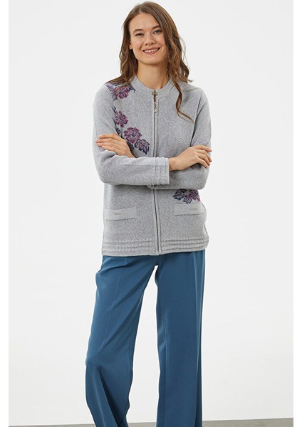 Fermuarlı Kalın Örgü Triko Ceket - Gri indirimleri