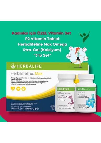 Kadınlar için F2 Vitamin Tablet - Herbalifeline Max Omega - Xtra-Cal (Kalsiyum) - 3'lü Set modelleri