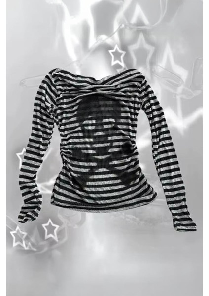 Siyah Gri Çizgili Skull Y2K Uzun Kollu Crop