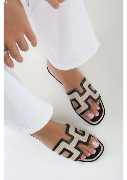 Kadın Davis Siyah Ten-Hasır Düz Terlik