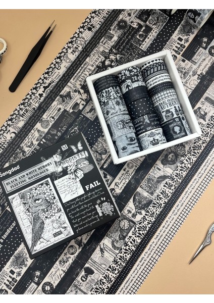 Vintage Siyah Beyaz Temalı 20’li Washi Bant Black & White Memory/ Fleeting Monologue Serisi (20*2m) Masking Tape/desenli Bant modelleri