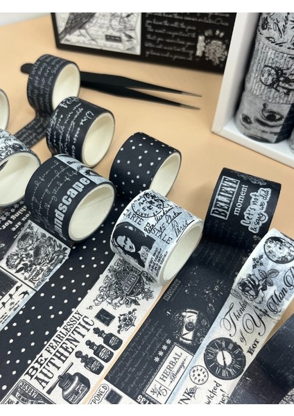 Vintage Siyah Beyaz Temalı 20’li Washi Bant Black & White Memory/ Fleeting Monologue Serisi (20*2m) Masking Tape/desenli Bant indirimleri