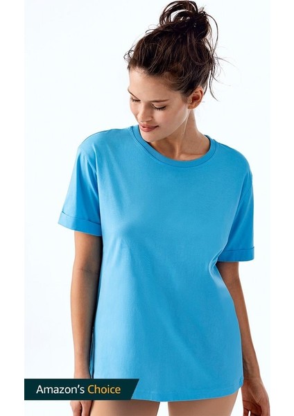Kadın Kısa Kollu Rahat Kalıp %100 Pamuk T-Shirt Mavi Renk